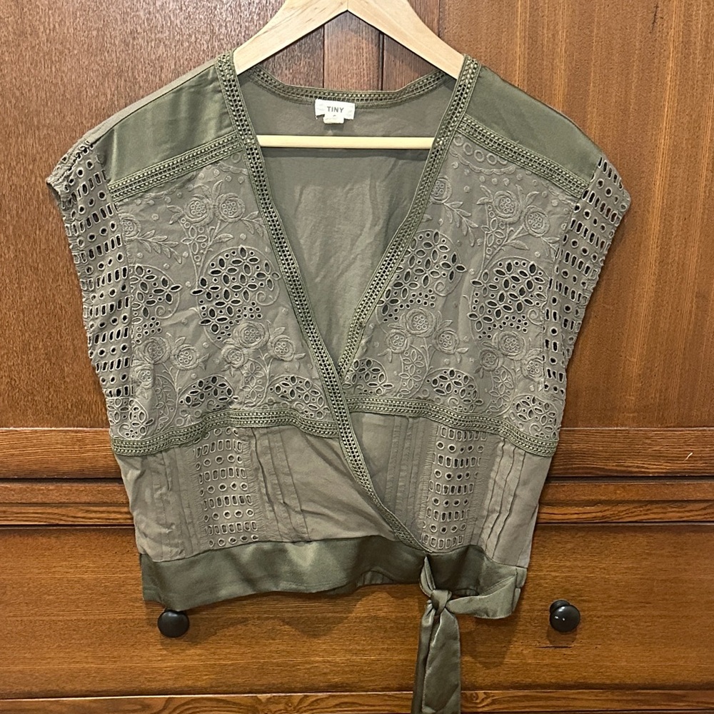 Chic Olive Green Lace Wrap Blouse